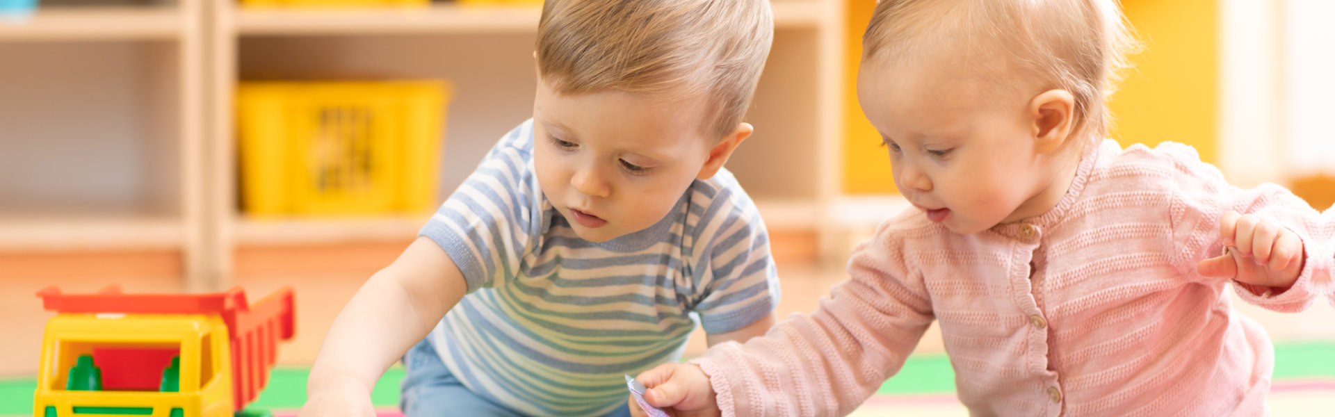 Toddlers playing with blocks at Montessori, Anaheim, CA.