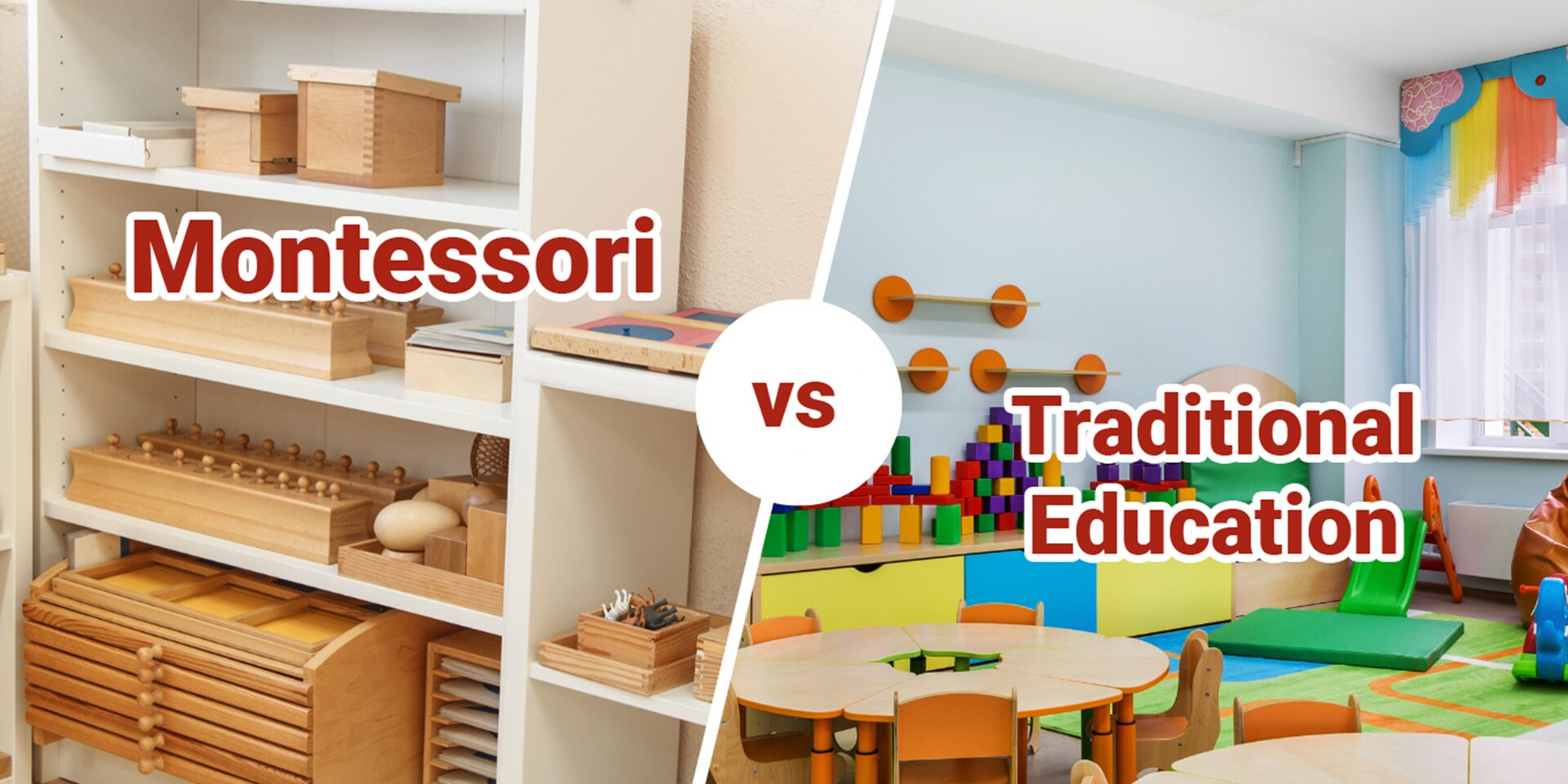 Hands-On Learning vs. Passive Reception Montessori student engaging in hands-on activity versus traditional student in a lecture, illustrating